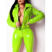 Lovely Leisure Turndown Collar Zipper Design Green