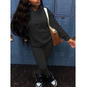 Lovely Casual Hooded Collar Basic Black Two Piece 