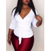 LW Trendy V Neck Bandage Design White Blouse