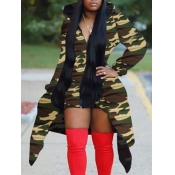 Lovely Casual Hooded Collar Camo Print Asymmetrica