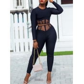 Lovely Sexy O Neck Patchwork Black Two Piece Pants
