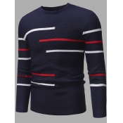 Lovely Men Stylish O Neck Striped Navy Blue Sweate