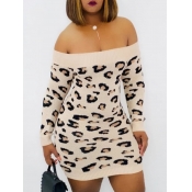 Lovely Stylish Dew Shoulder Leopard Print Khaki Mi