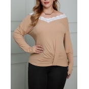 LW COTTON Plus Size V Neck Lace Trim T-shirt