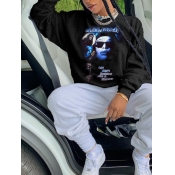 Lovely Street O Neck Print Black Hoodie