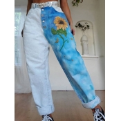 Lovely Casual Print Patchwork Loose Baby Blue Jean