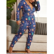 Lovely Leisure Cartoon Print Skinny Dark Blue Plus