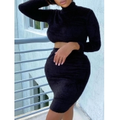 Lovely Trendy Turtleneck Basic Black Two Piece Ski