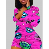 Lovely Plus Size Leisure Lip Print Rise Red One-pi