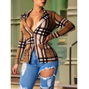 Lovely Stylish Turndown Collar Grid Print Brown Bl