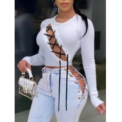 Lovely Sexy O Neck Bandage Design White T-shirt