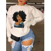Lovely Casual O Neck Print Loose White Hoodie