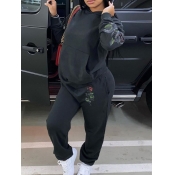 Lovely Casual Hooded Collar Print Black Two Piece 