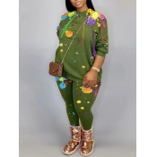 Lovely Casual O Neck Print Green Plus Size Two-pie