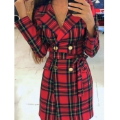 Lovely Trendy Turn-back Collar Grid Print Red Knee