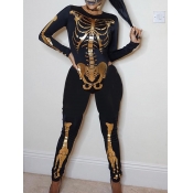 Lovely Chic O Neck Print Skinny Black Two Piece Pa