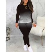 LW Casual O Neck Gradient Print Black Two Piece Pa