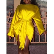 LW SXY Trendy O Neck Lace-up Golden Yellow Knee Le