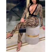 Lovely Sexy Deep V Neck Striped Print Skinny Brown