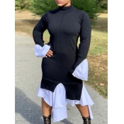 Lovely Stylish Turtleneck Patchwork Black Mid Calf
