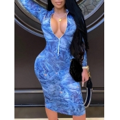 Lovely Trendy Print Zipper Design Blue Knee Length