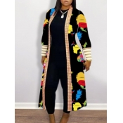 Lovely Casual Print Patchwork Black Long Trench Co
