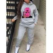 LW Hooded Collar Masked Face Print Tracksuit Set