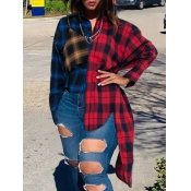 Lovely Trendy Turndown Collar Grid Print Patchwork