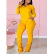 Lovely Casual O Neck Fold Design Yellow Two Piece 