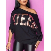 LW Stylish Letter Print Loose Black T-shirt