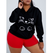 Lovely Casual Hooded Collar Print Black Plus Size 