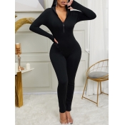 Lovely Sportswear Zipper Design Skinny Black One-p