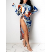 Lovely Trendy Tie-dye Side High Slit Blue Mid Calf
