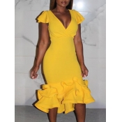 Lovely Trendy V Neck Flounce Design Yellow Mid Cal