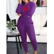 Lovely Leisure Hooded Collar Print Purple Two Piec