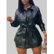 LW Plus Size Faux Leather Belt Pocket Design Dress