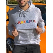 LW Men Casual Hooded Collar Letter Print Grey Hood
