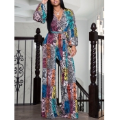 Lovely Trendy V Neck Snakeskin Print One-piece Jum