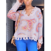 Lovely Trendy V Neck Print Apricot Sweater