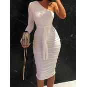 Lovely Trendy One Shoulder Fold Design White Knee 