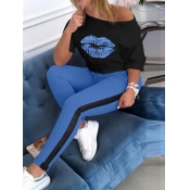 LW Lip Print Patchwork Crop Top Sweatshirt Set