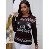 Lovely Casual O Neck Print Black Sweater