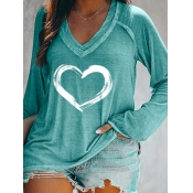 Lovely Casual V Neck Print Green Plus Size T-shirt