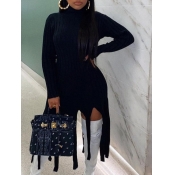Lovely Trendy Turtleneck Tassel Design Black Knee 