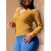 Lovely Casaul V Neck Long Sleeve Yellow Sweater