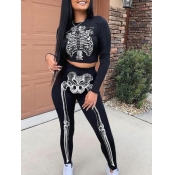 Lovely Sportswear O Neck Skull Print Skinny Black 