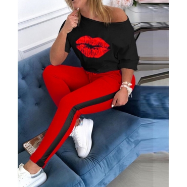 

LW Plus Size Casual O Neck Lip Print Red Two-piece Pants Set