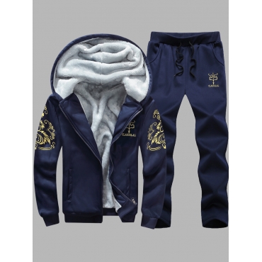 

LW Casual Hooded Collar Print Deep Blue Men Two-piece Pants Set