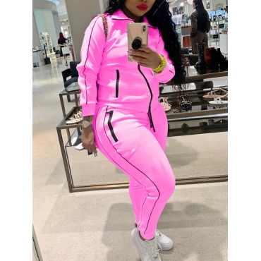 

LW Plus Size Casual Turndown Collar Zipper Design Pink Two-piece Pants Set