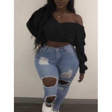 

LW Plus Size Leisure V Neck Basic Black Short Hoodie